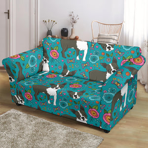 Boston Terrier Beautiful Flower Pattern Loveseat Couch Slipcover