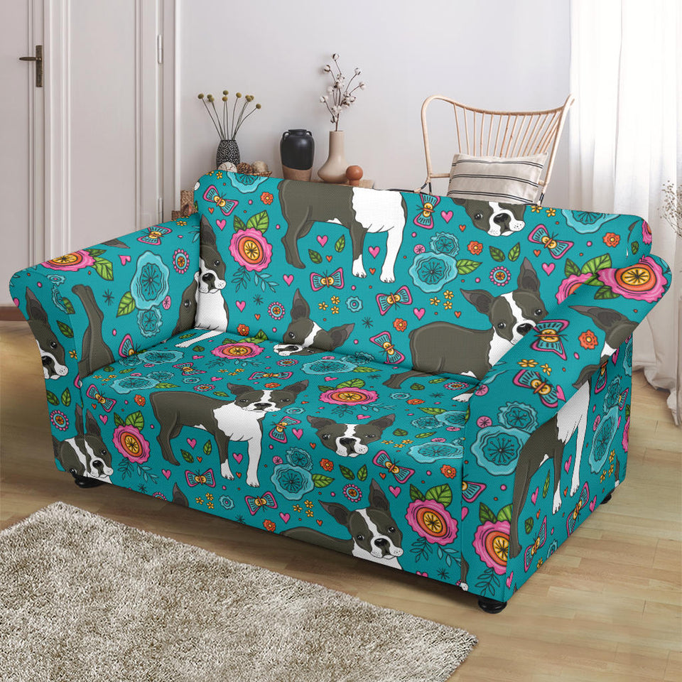Boston Terrier Beautiful Flower Pattern Loveseat Couch Slipcover
