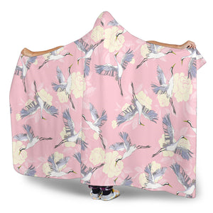 Japanese Crane Rose Pattern Hooded Blanket