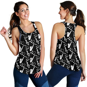 Saxophone music notes treble clef black white theme Women Racerback Tank Top
