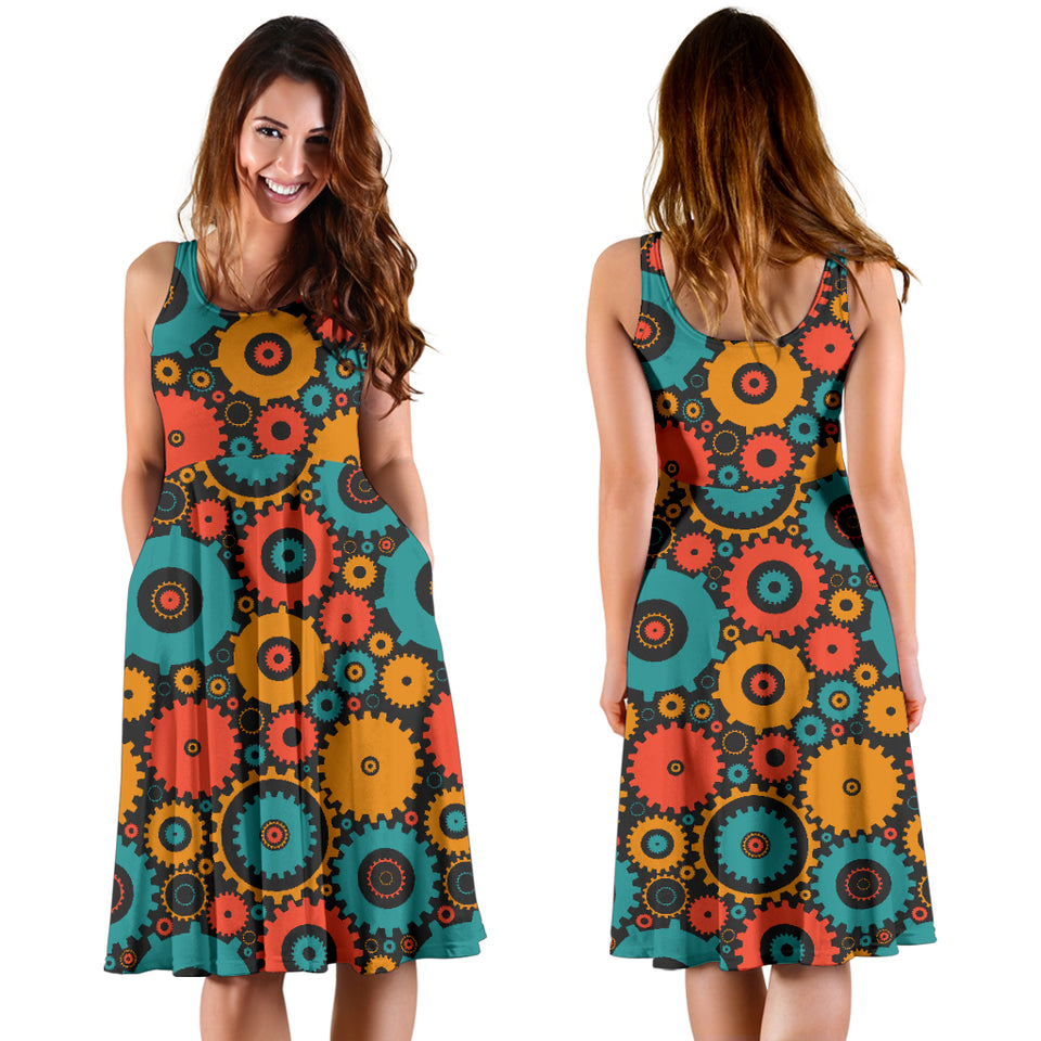 Gear Pattern Print Design 01 Sleeveless Midi Dress