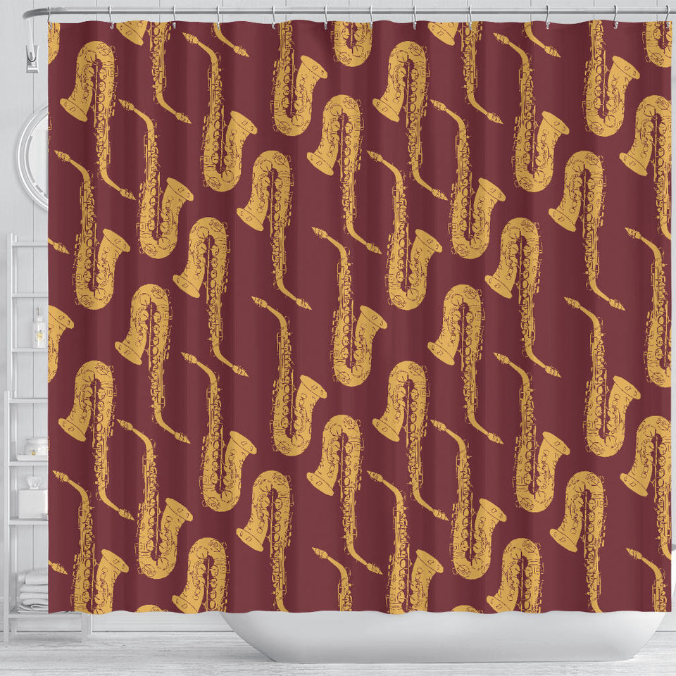 Hand Drawn Gold Saxophone Red Background  Shower Curtain Fulfilled In US