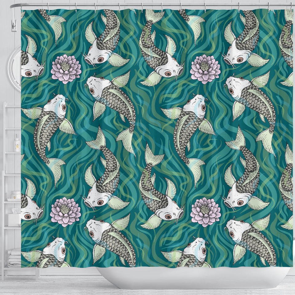 Koi Fish Carp Fish Lotus Pattern Shower Curtain Fulfilled In US