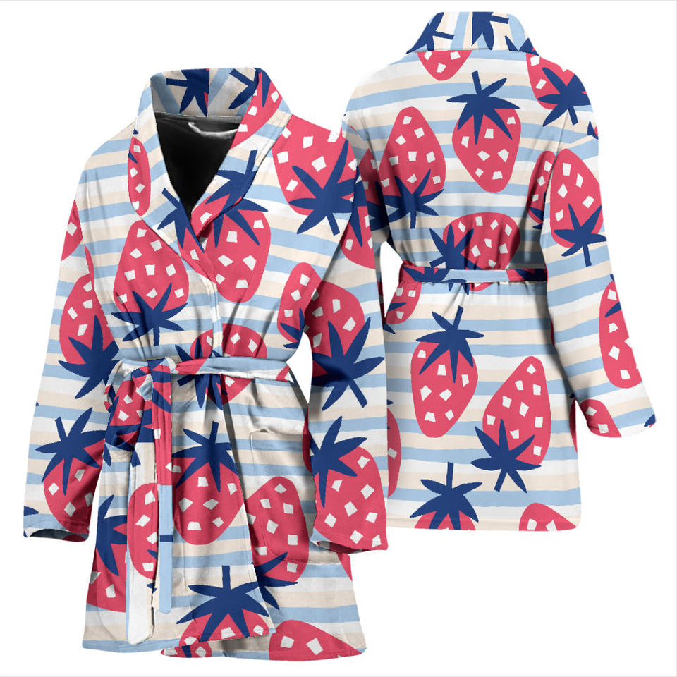 Strawberry Pattern Blue Lines Background Women'S Bathrobe
