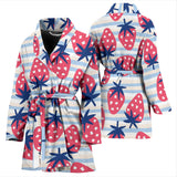 Strawberry Pattern Blue Lines Background Women'S Bathrobe