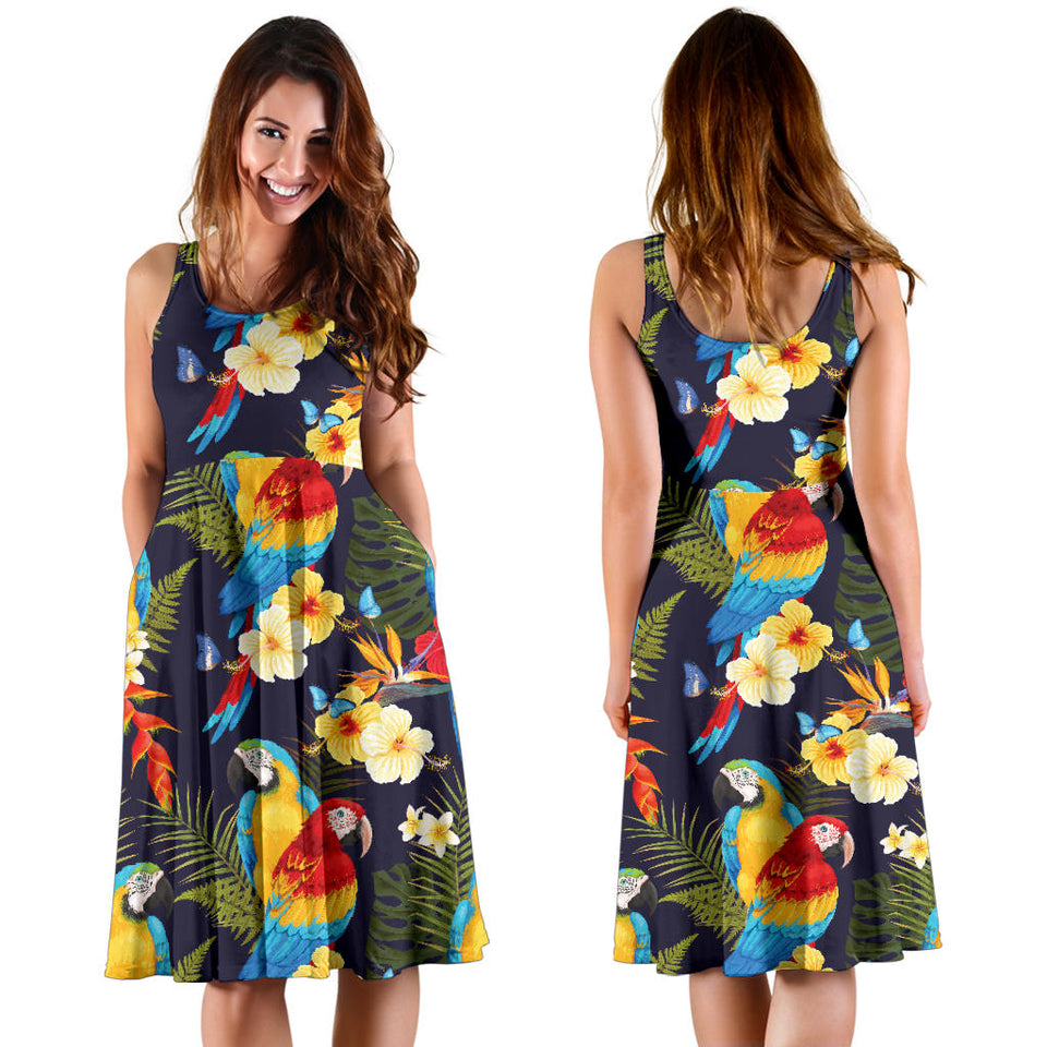 Colorful Parrot Flower Pattern Sleeveless Midi Dress