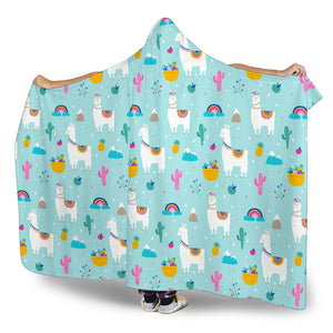 Llama Alpaca Cactus Leaves Pattern Hooded Blanket