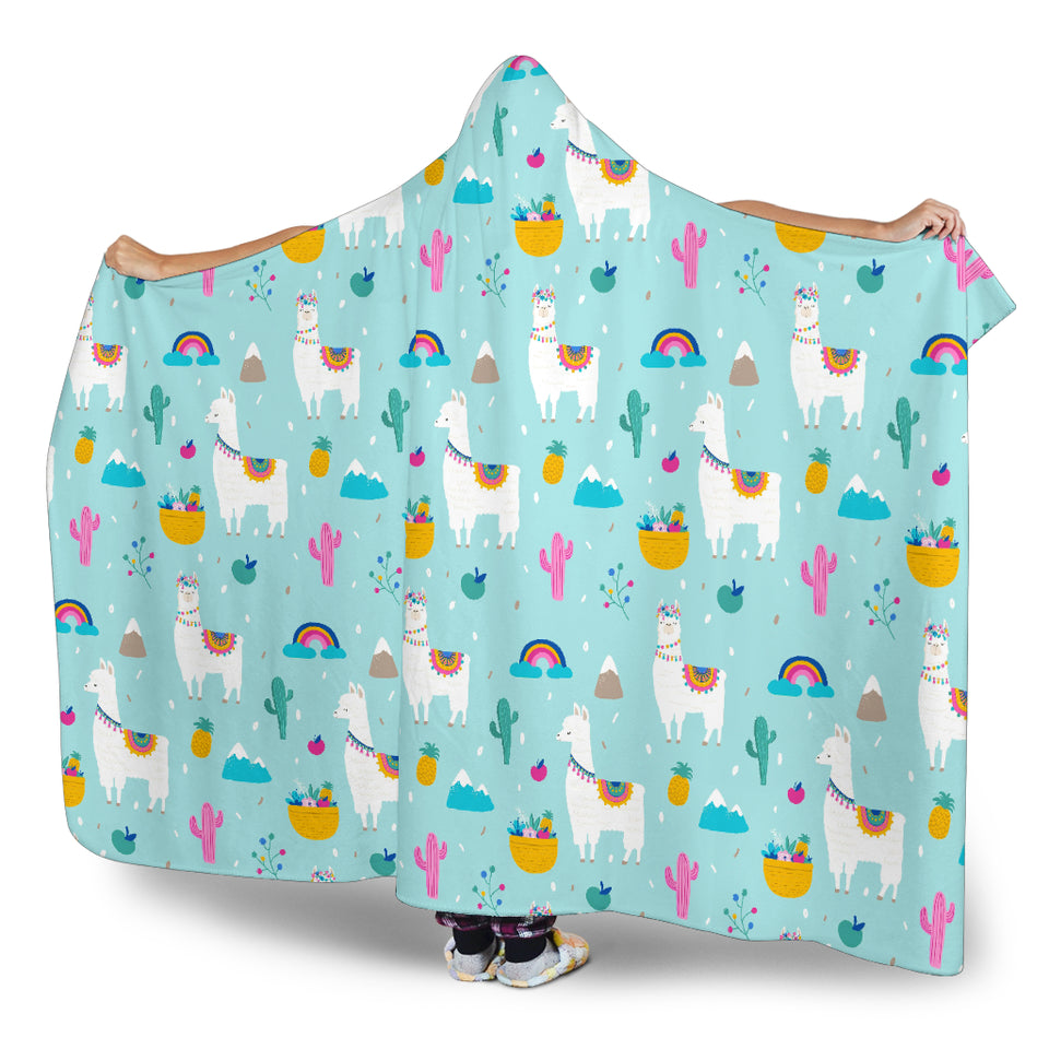 Llama Alpaca Cactus Leaves Pattern Hooded Blanket