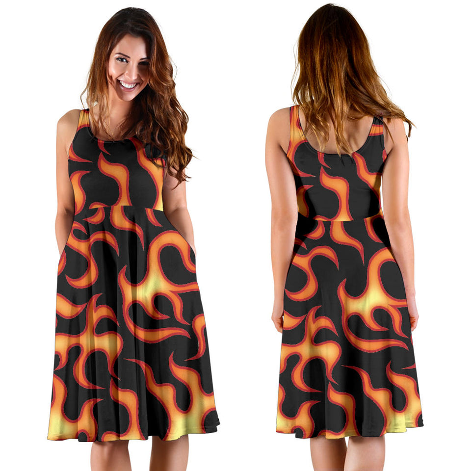 Fire Flame Dark Pattern Sleeveless Midi Dress