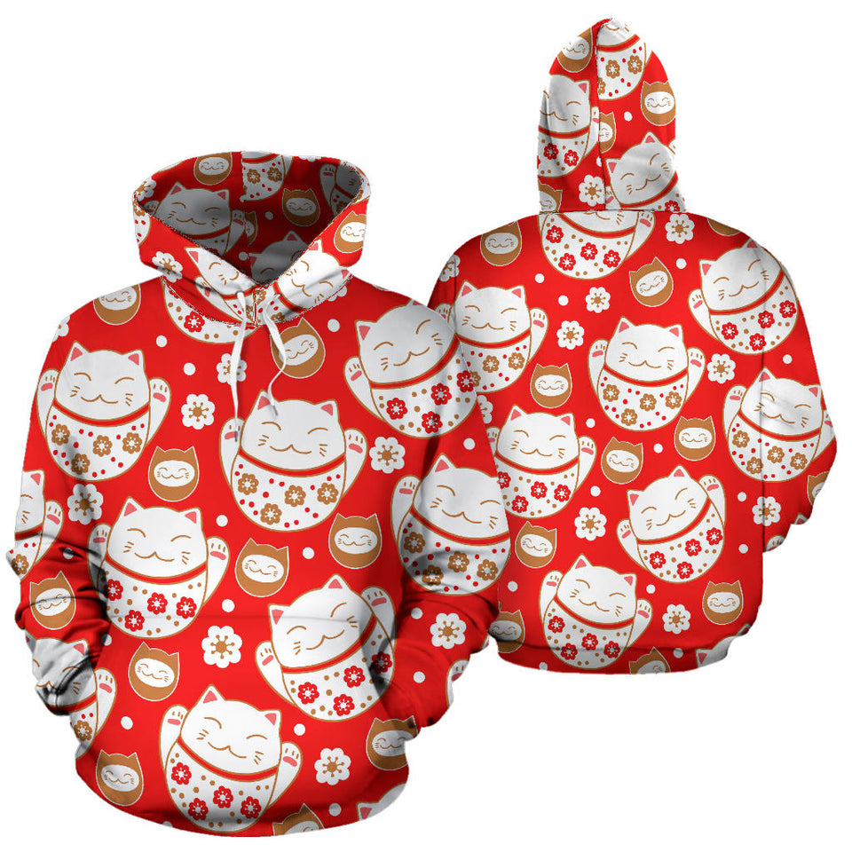 Cute Maneki Neko Lucky Cat Red Background Men Women Pullover Hoodie