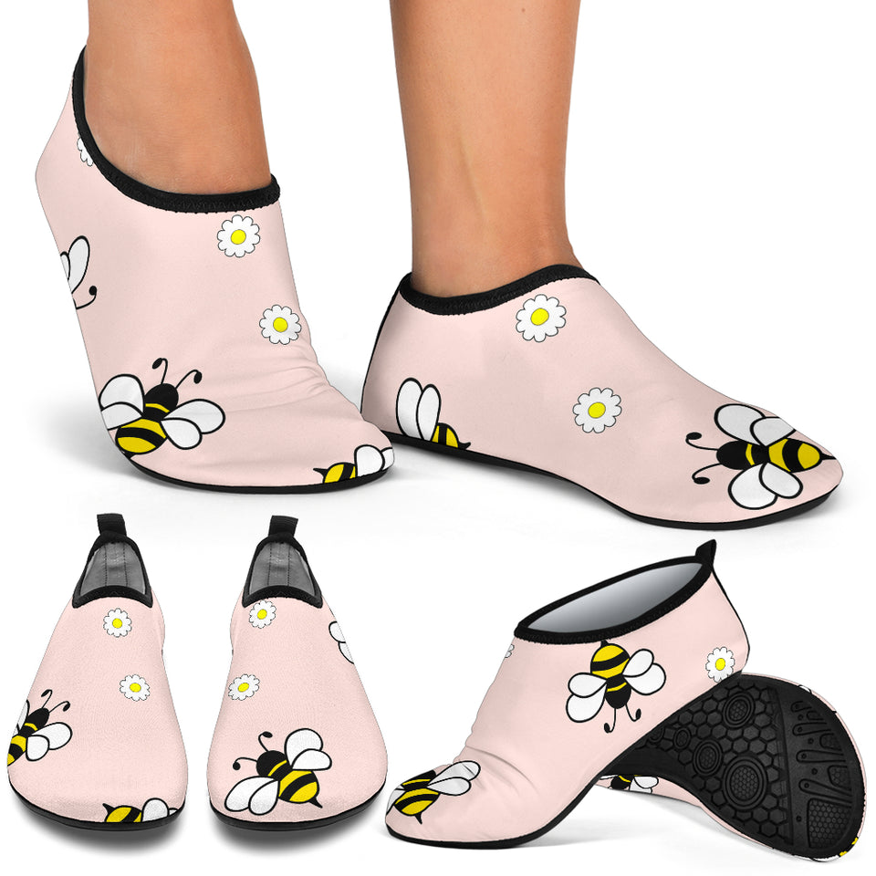 Cute Bee Flower Pattern Pink Background Aqua Shoes