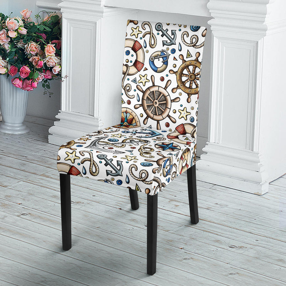 Cute Nautical Steering Wheel Anchor Pattern Dining Chair Slipcover