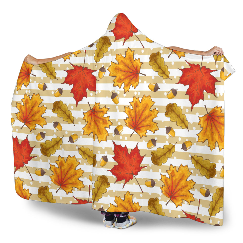 Maple Leaf Oak Leaf Acorns Beige Striped Background Hooded Blanket