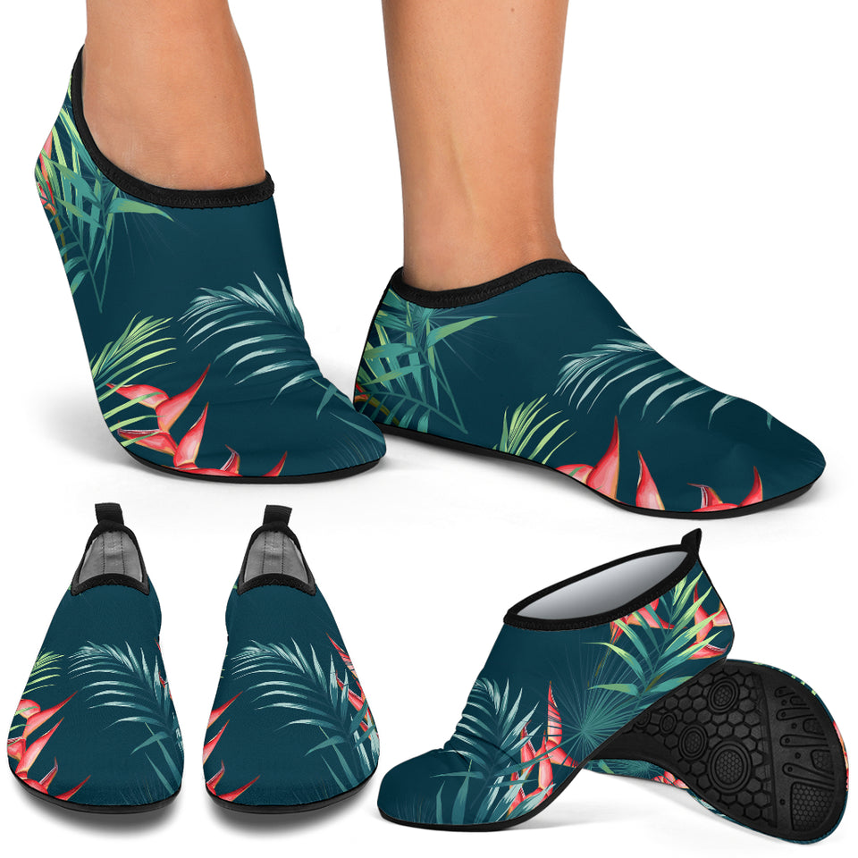 Heliconia Flowers, Palm And Monstera Leaves On Black Background Pattern Aqua Shoes