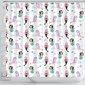 Cute Mermaid Dolphin Fish Starfish Pattern Shower Curtain Fulfilled In US