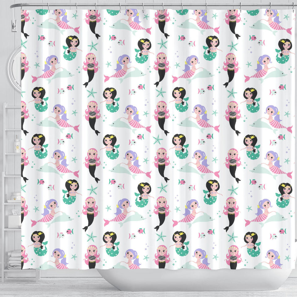 Cute Mermaid Dolphin Fish Starfish Pattern Shower Curtain Fulfilled In US
