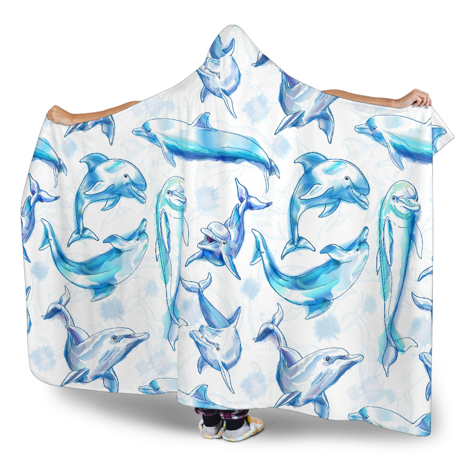 Watercolor Dolphin Pattern Hooded Blanket