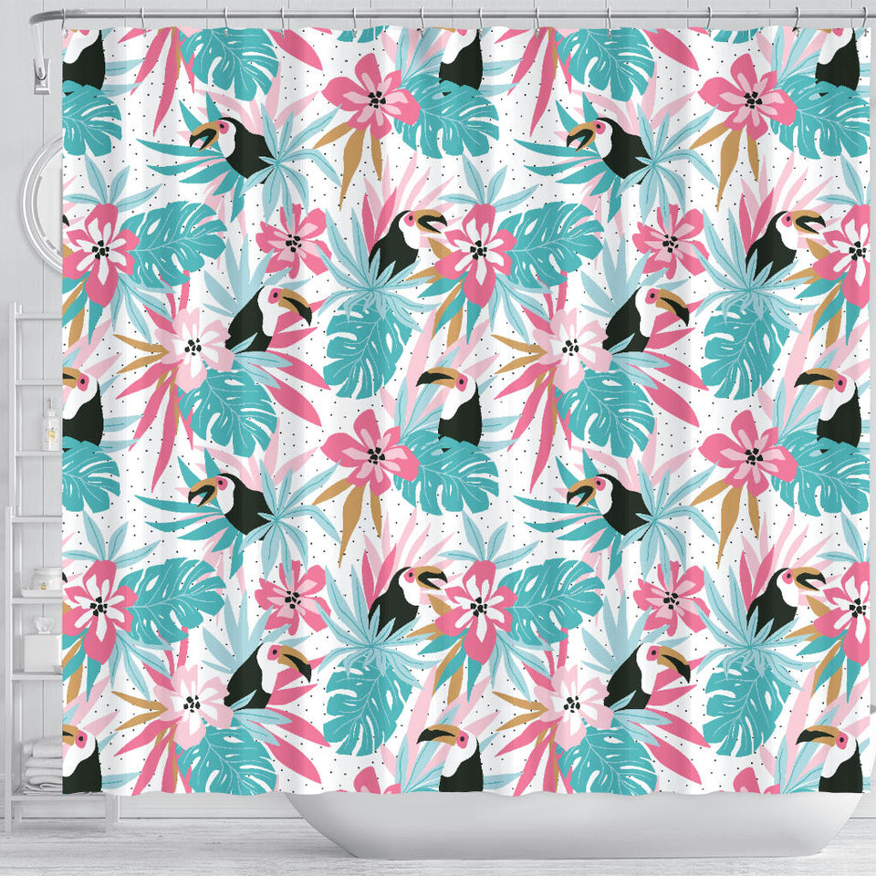 Toucan Tropical Flower Leave Pattern Shower Curtain Fulfilled In US
