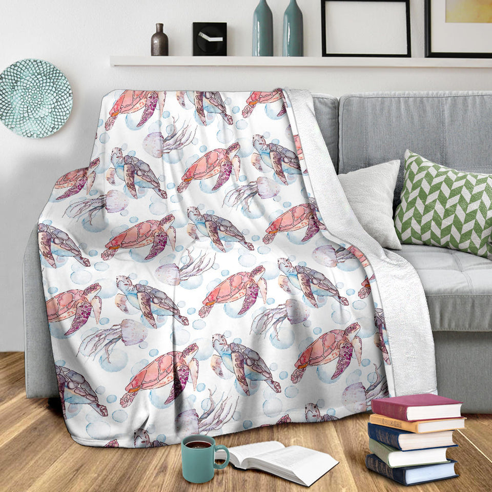 Watercolor Sea Turtle Jellyfish Pattern Premium Blanket