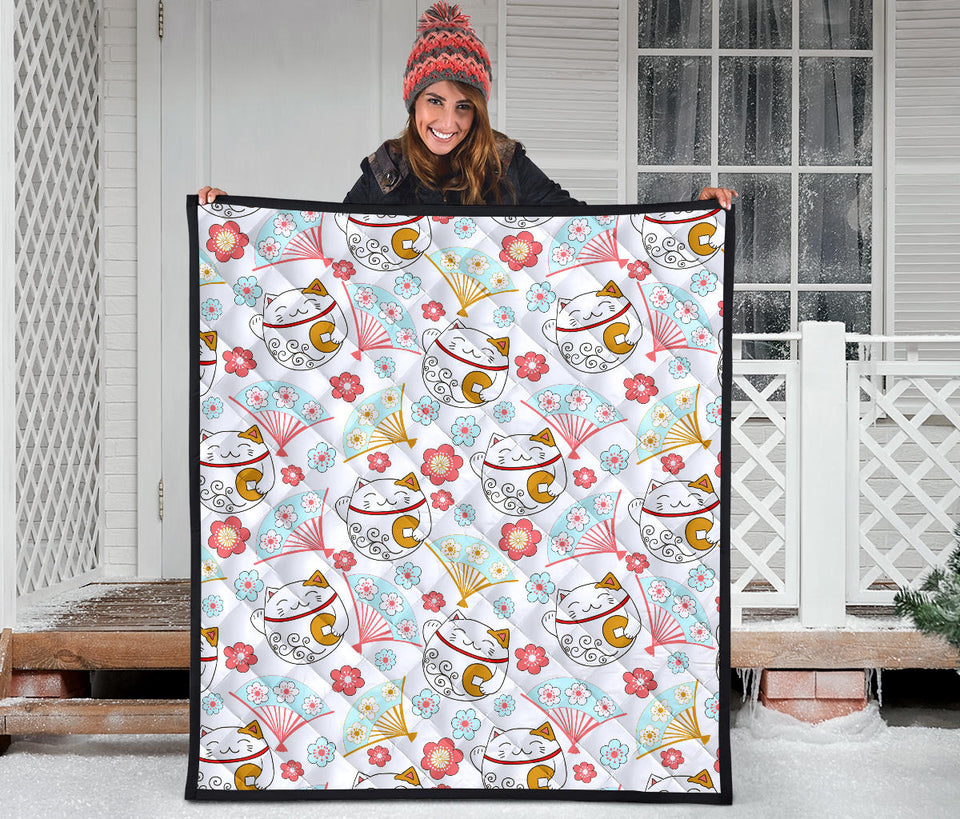 Maneki Neko Lucky Cat Fan Sakura Premium Quilt