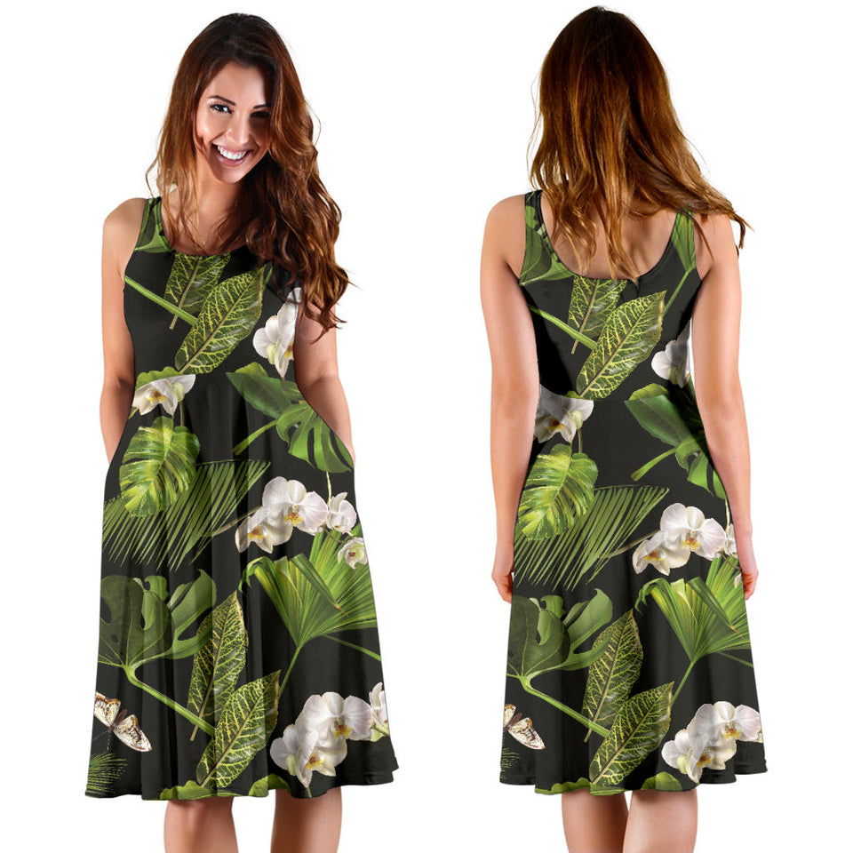 White Orchid Flower Tropical Leaves Pattern Blackground Sleeveless Midi Dress