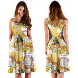 Cool Bee Honeycomb Leaves Pattern Sleeveless Midi Dress