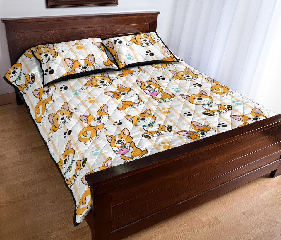 Cute dog corgi striped background pattern Quilt Bed Set