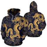 Gold Dragon Pattern Zip Up Hoodie