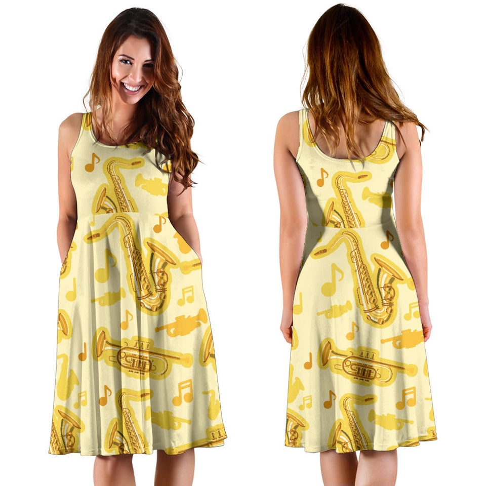 Saxophone Cornet Pattern Yellow Background Sleeveless Midi Dress