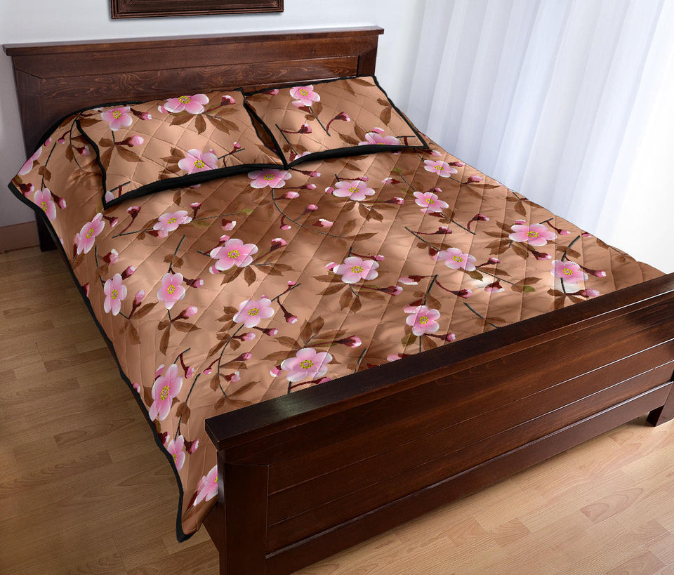 Pink sakura cherry blossom drak brown background Quilt Bed Set