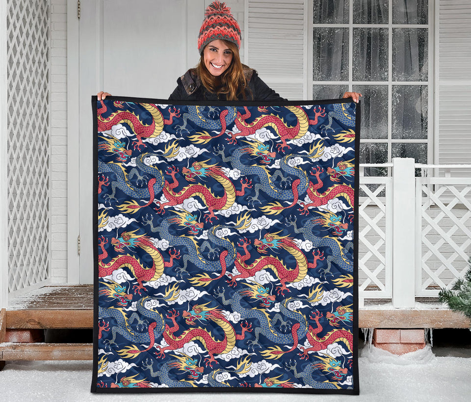 Blue Red Dragon Cloud Pattern Premium Quilt