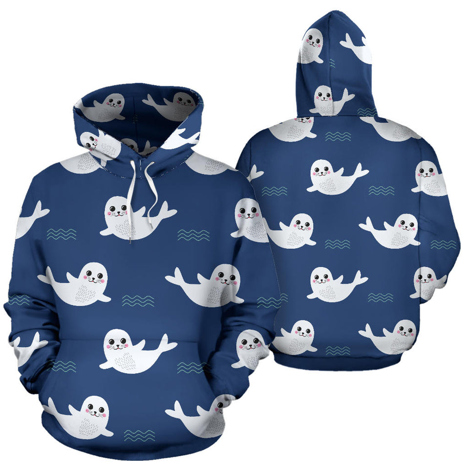 Cute White Baby Sea Lion Seal Pattern Men Women Pullover Hoodie