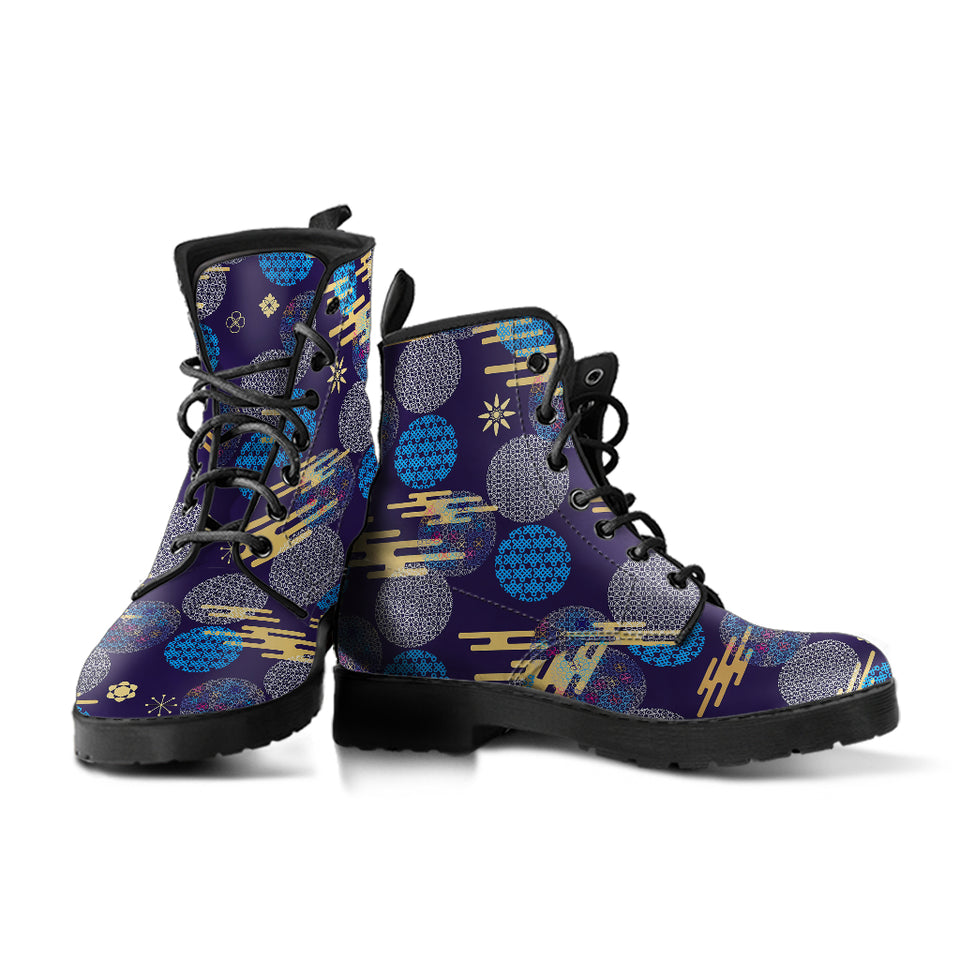 Blue Japanese Pattern Cloud Wave Flower Leather Boots