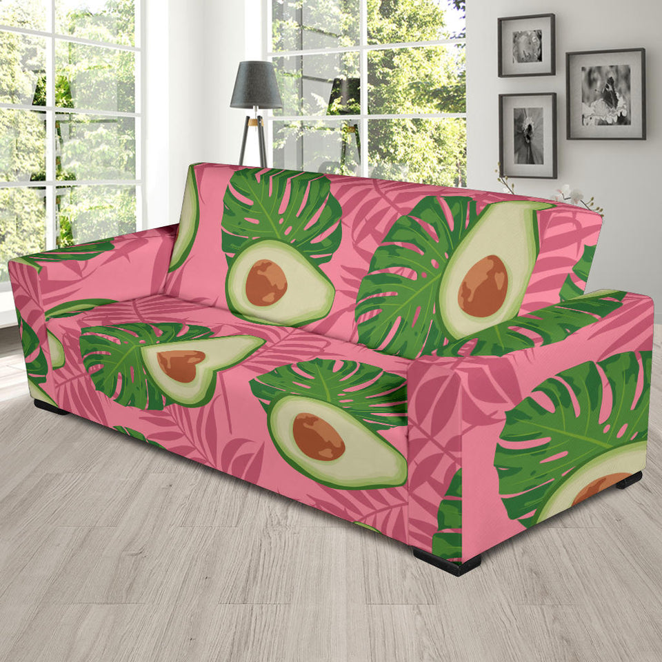 Avocado Slices Leaves Pink Back Ground Sofa Slipcover
