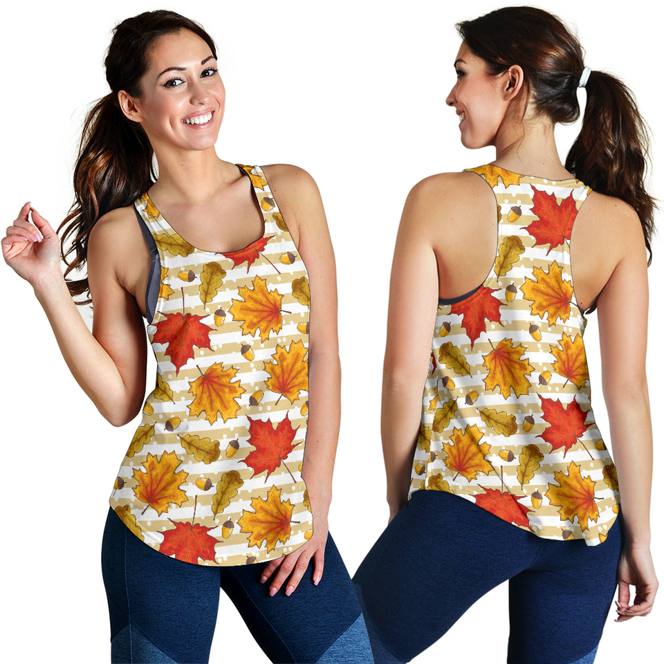 Maple leaf oak leaf acorns beige striped background Women Racerback Tank Top
