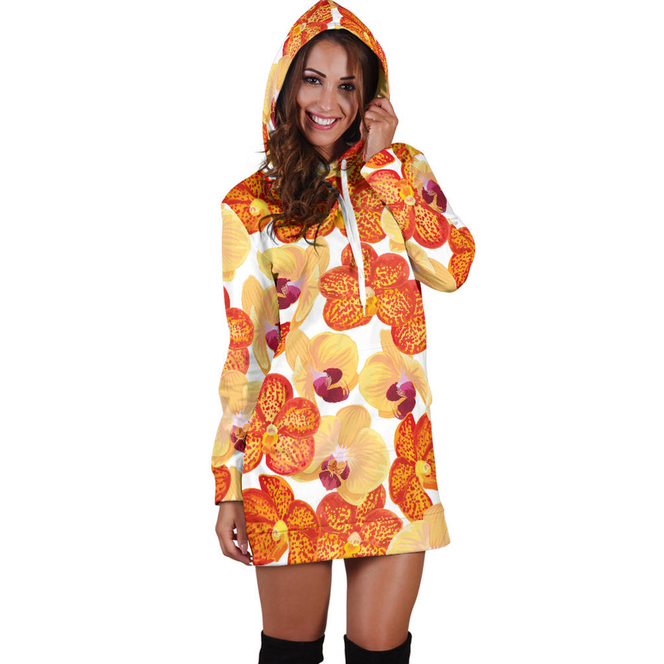 Orange Yellow Orchid Flower Pattern Background Women'S Hoodie Dress