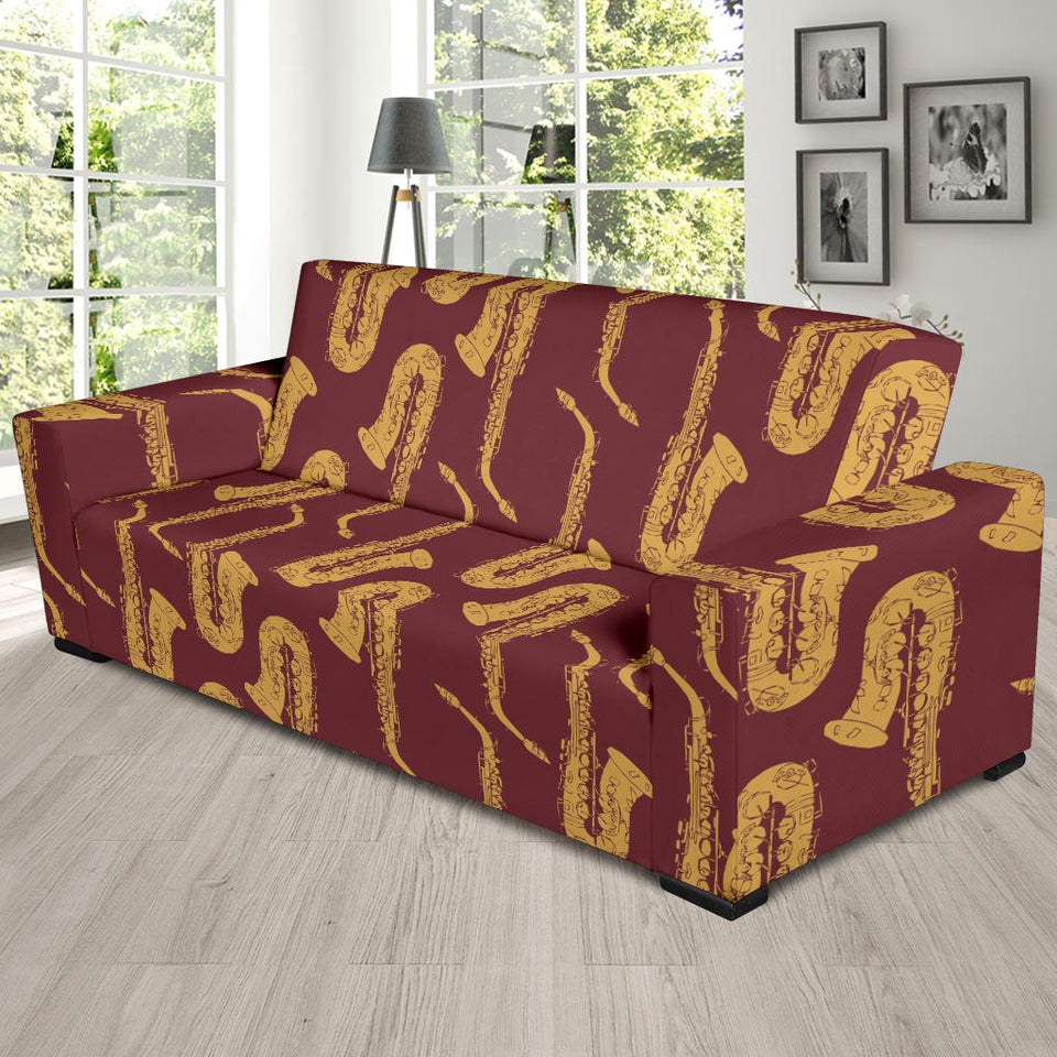 Hand Drawn Gold Saxophone Red Background  Sofa Slipcover