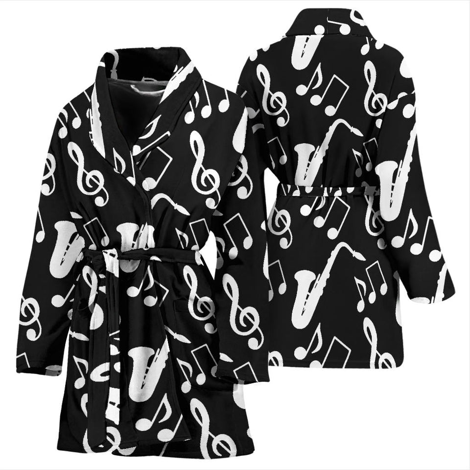 Saxophone Music Notes Treble Clef Black White Theme Women'S Bathrobe