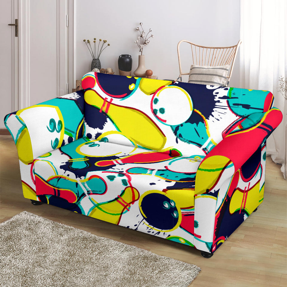 Watercolor Bowling Ball Pins Loveseat Couch Slipcover