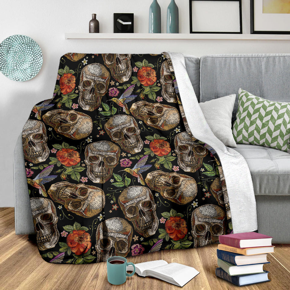 Skull Rose Humming Bird Flower Pattern Premium Blanket