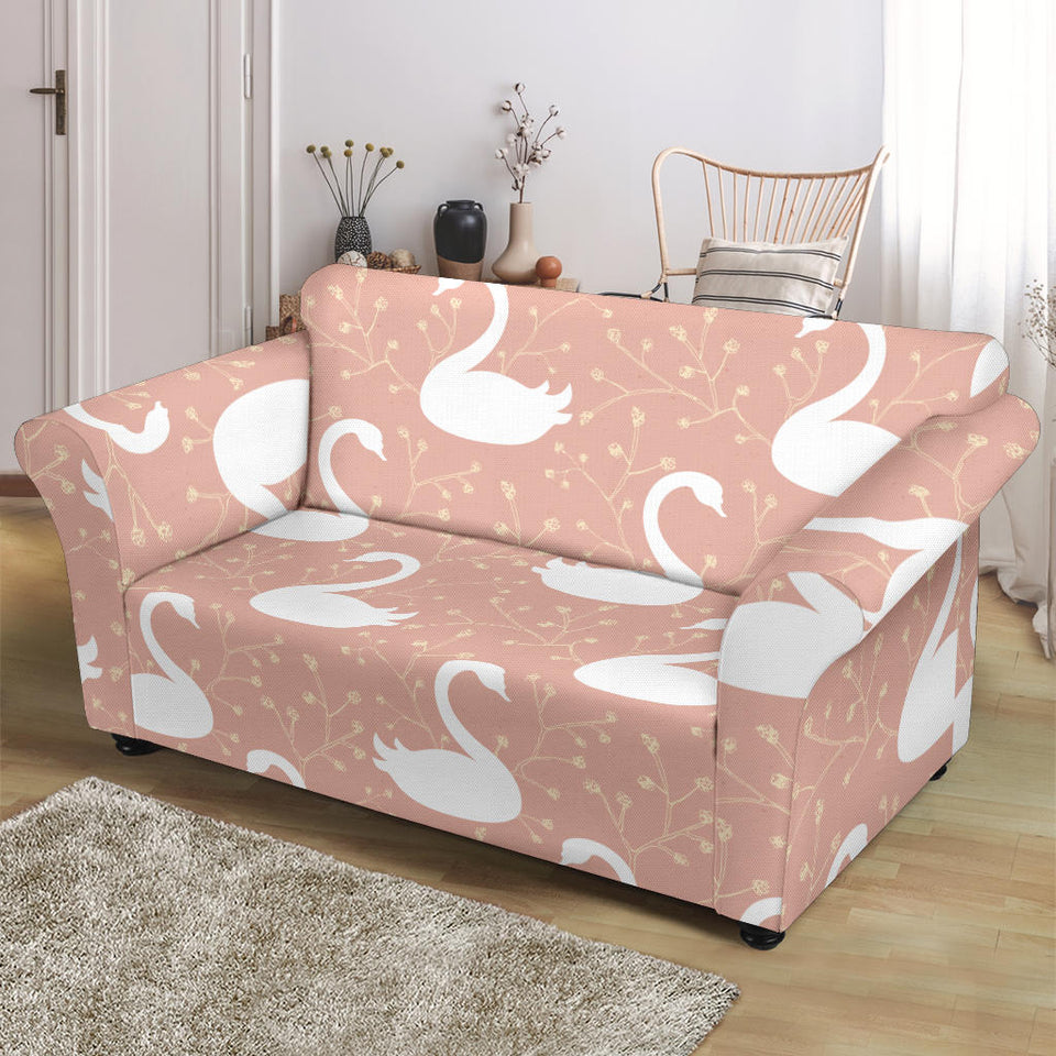 Swan Flower Light Pink Background Loveseat Couch Slipcover