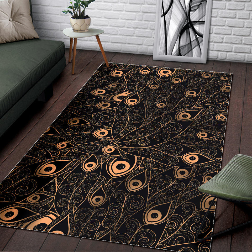 Gold Peacock Feather Pattern Area Rug