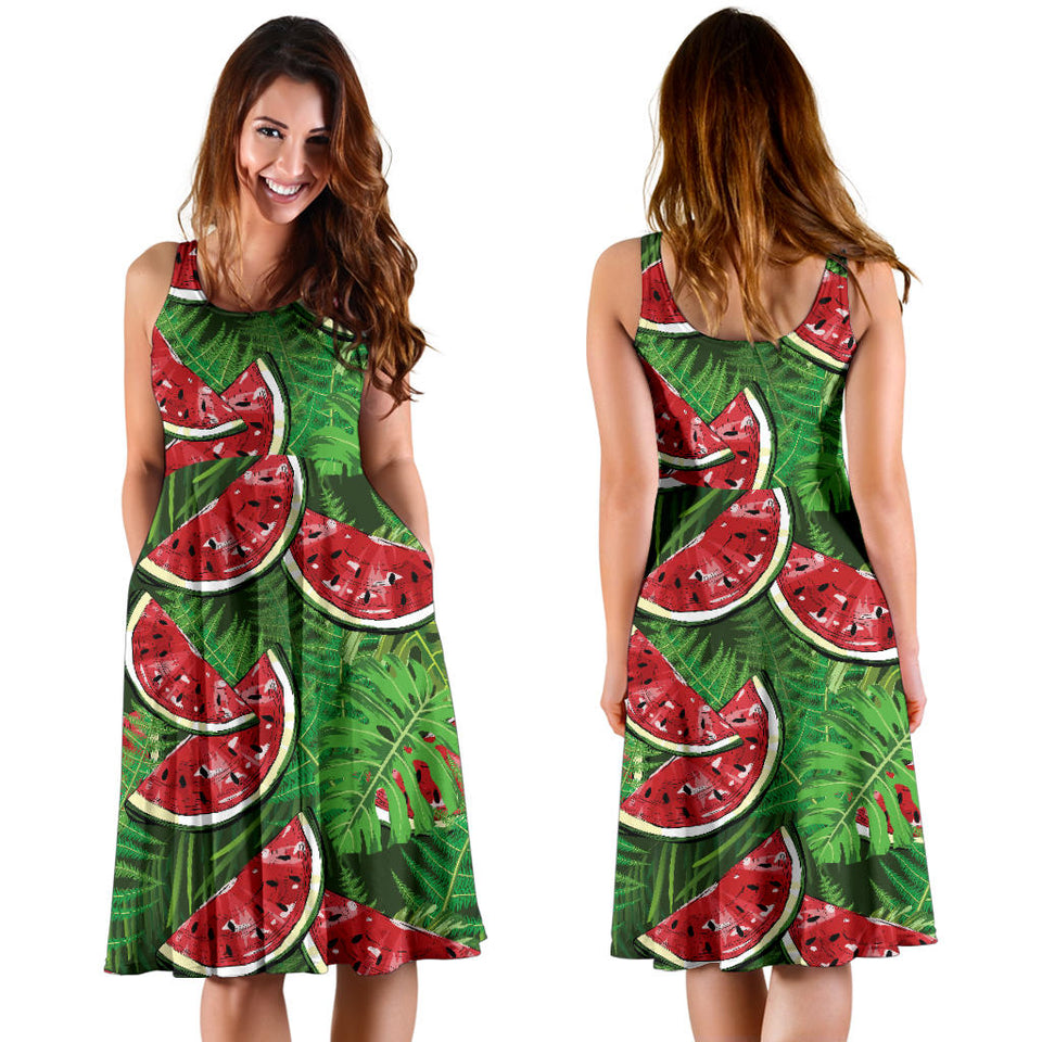 Watermelons Tropical Palm Leaves Pattern Background Sleeveless Midi Dress