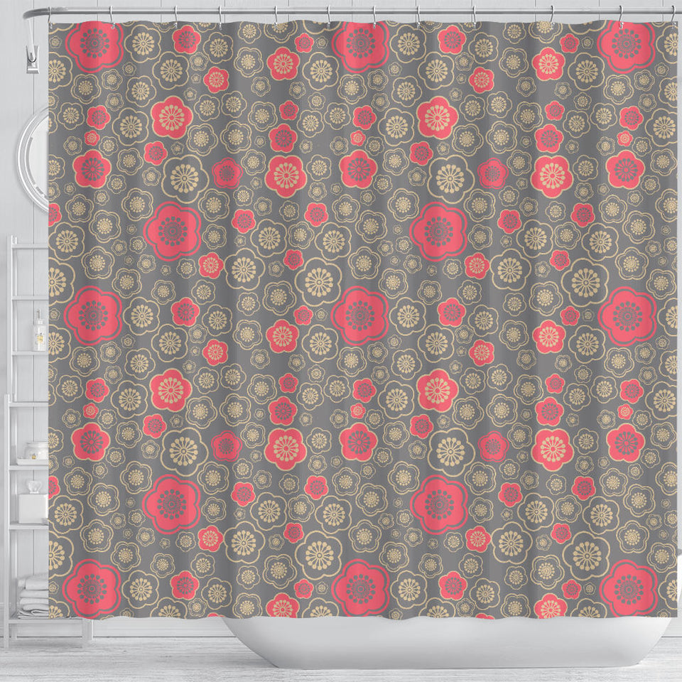 Red Gold Sakura Cherry Blossom Gray Background Shower Curtain Fulfilled In US