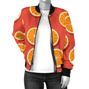 Oranges Pattern Red Background Women'S Bomber Jacket
