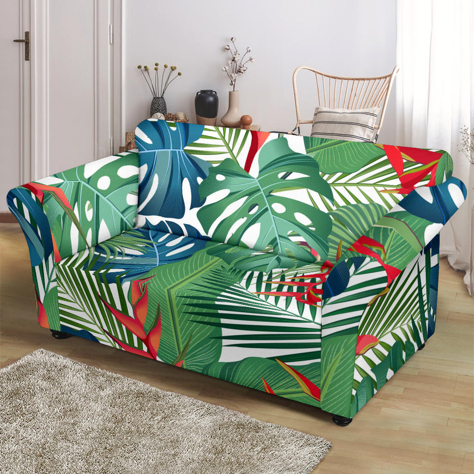 Heliconia Palm And Monstera  Leaves Pattern Loveseat Couch Slipcover