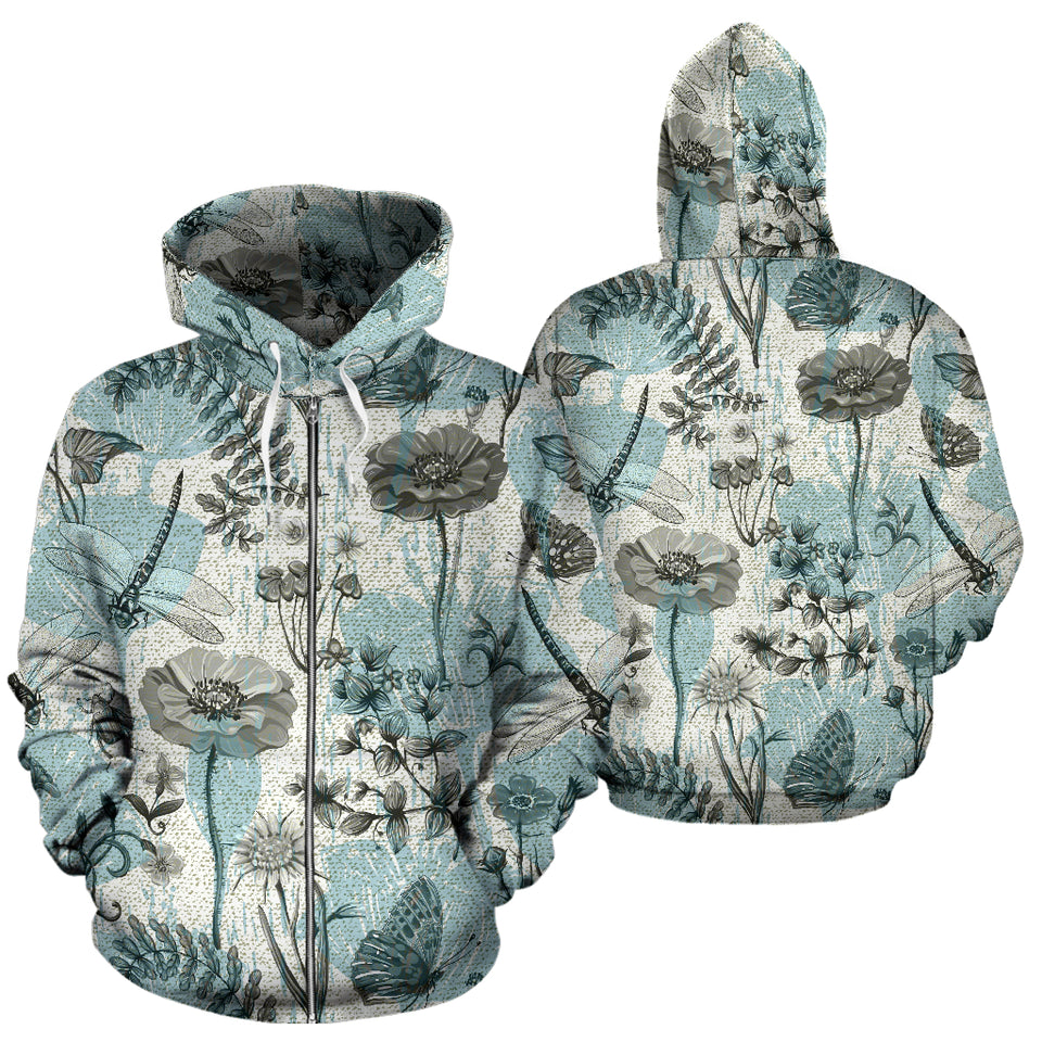 Dragonfly Butterfly Plants Insect Flower Vintage Style Pattern Zip Up Hoodie