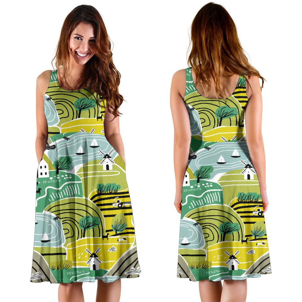 Hand Drawn Windmill Pattern Sleeveless Midi Dress