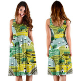 Hand Drawn Windmill Pattern Sleeveless Midi Dress