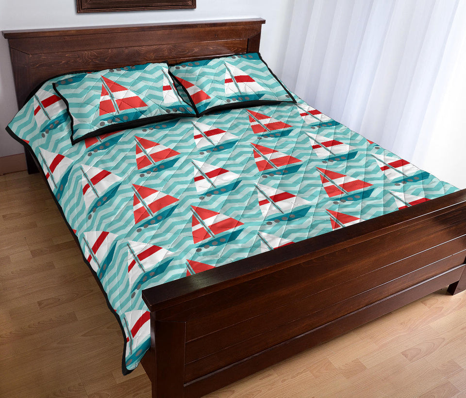 Red White sailboat wave background Quilt Bed Set